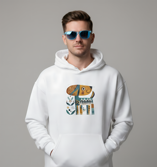 Minimalist Art Hoodie | The "Abstract Puppy" by Becheretty - A unique, stylized dog motif inspired by folk art and modern