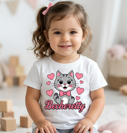 Adorable "Becheretty" Pink Bow Kitten Toddler Tee – Cute Gray Cat & Hearts Graphic T-Shirt for Girls