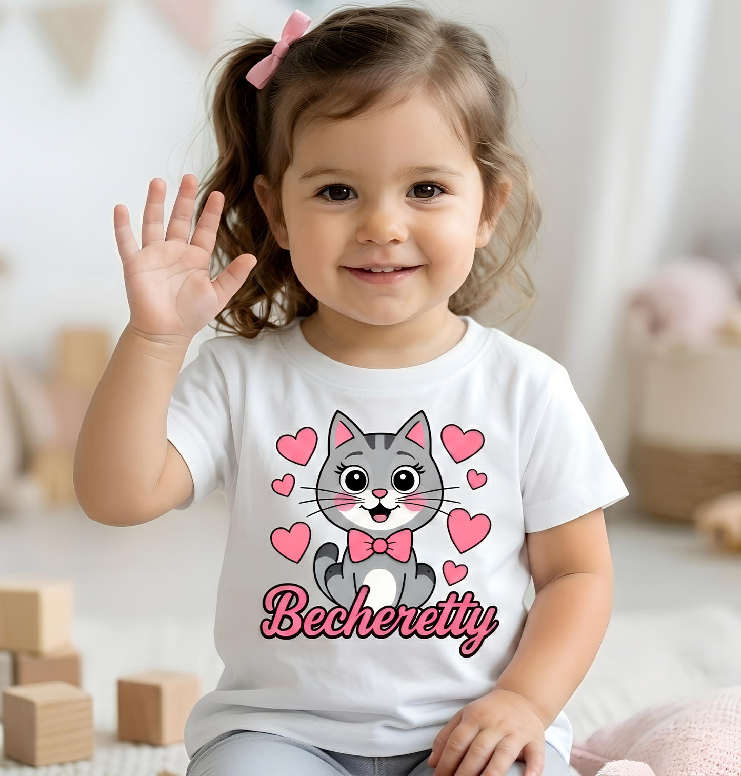Adorable "Becheretty" Pink Bow Kitten Toddler Tee – Cute Gray Cat & Hearts Graphic T-Shirt for Girls