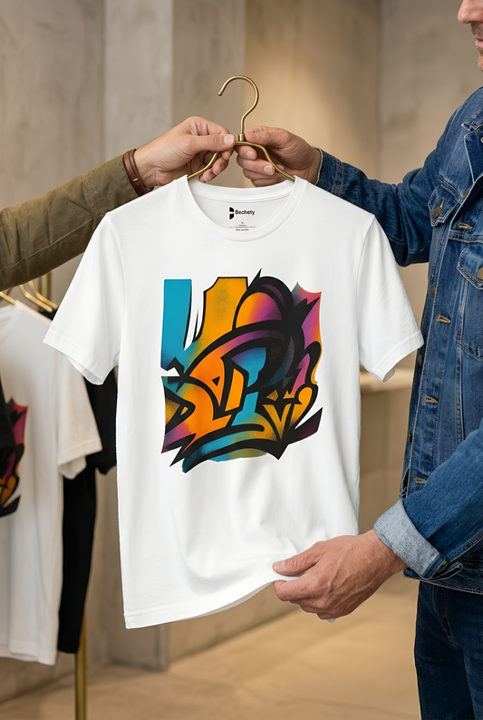 "Neon Fracture" — T-Shirt Becheretty - It captures the aesthetic of the shapes while nodding to those electric 80s/90s colors.