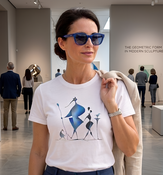 "Abstract Blue Aviary" Modern Art Graphic T-Shirt Becheretty - Unique Nature Lover Tee, Soft Cotton Fashion Top