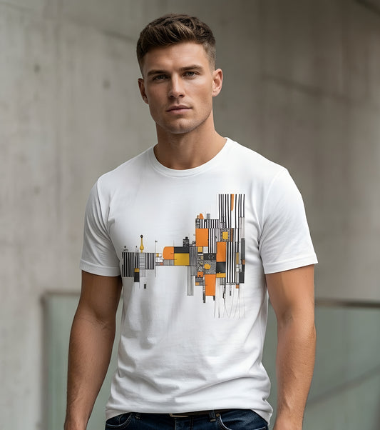 Abstract Geometric Tee - Art Graphic Becheretty - Modern Orange & Gray Cityscape Design