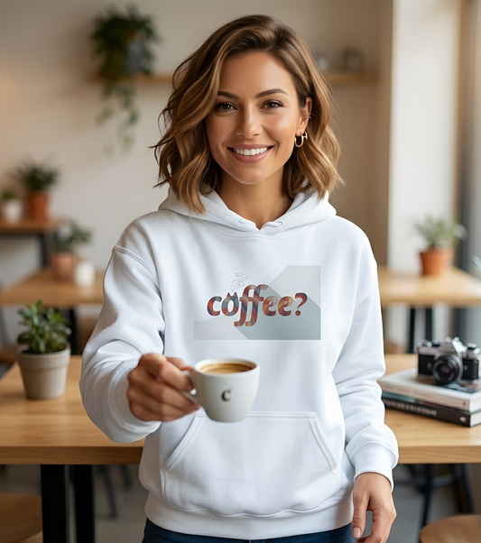 Coffee? "Cozy Questions" Patterned Coffee Hoodie - Art Minimalist Becheretty - Coffee Lover Sweatshirt