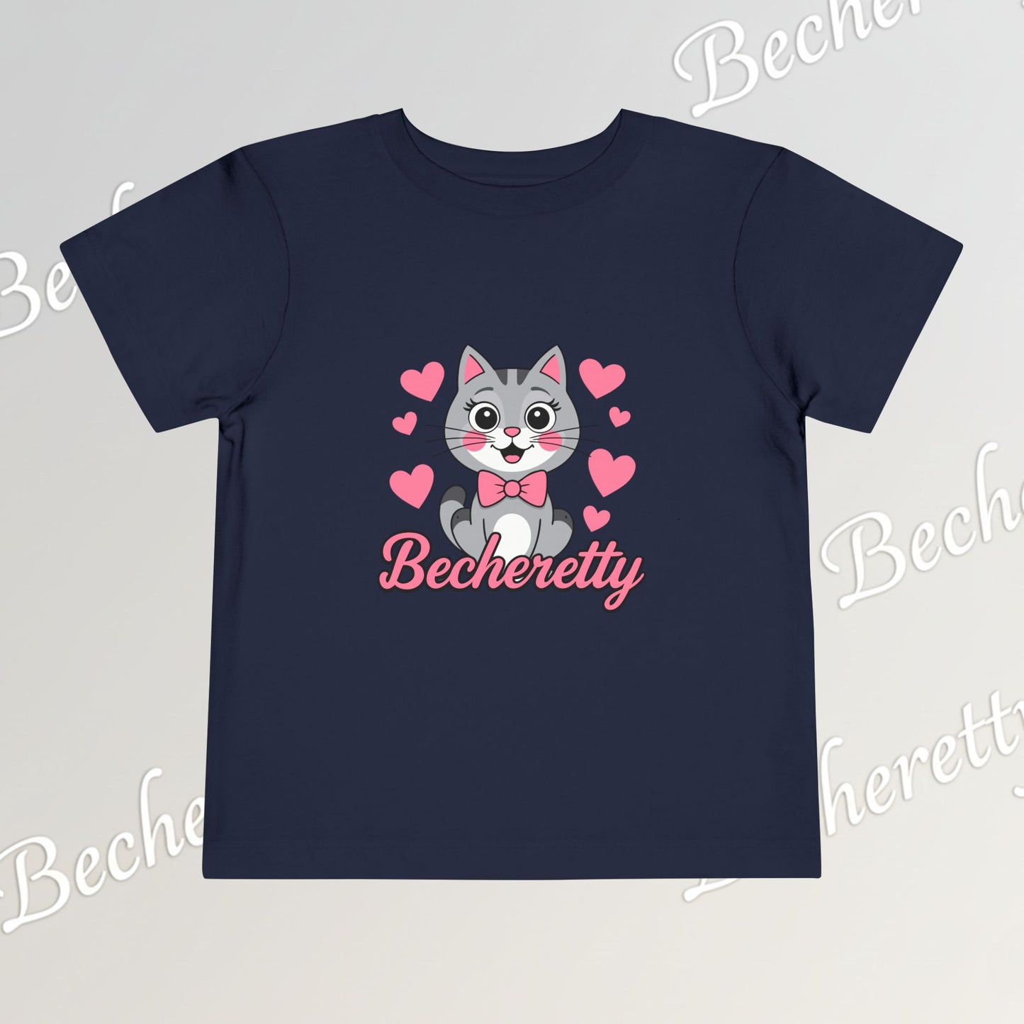 Adorable "Becheretty" Pink Bow Kitten Toddler Tee – Cute Gray Cat & Hearts Graphic T-Shirt for Girls