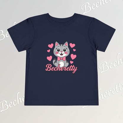 Adorable "Becheretty" Pink Bow Kitten Toddler Tee – Cute Gray Cat & Hearts Graphic T-Shirt for Girls