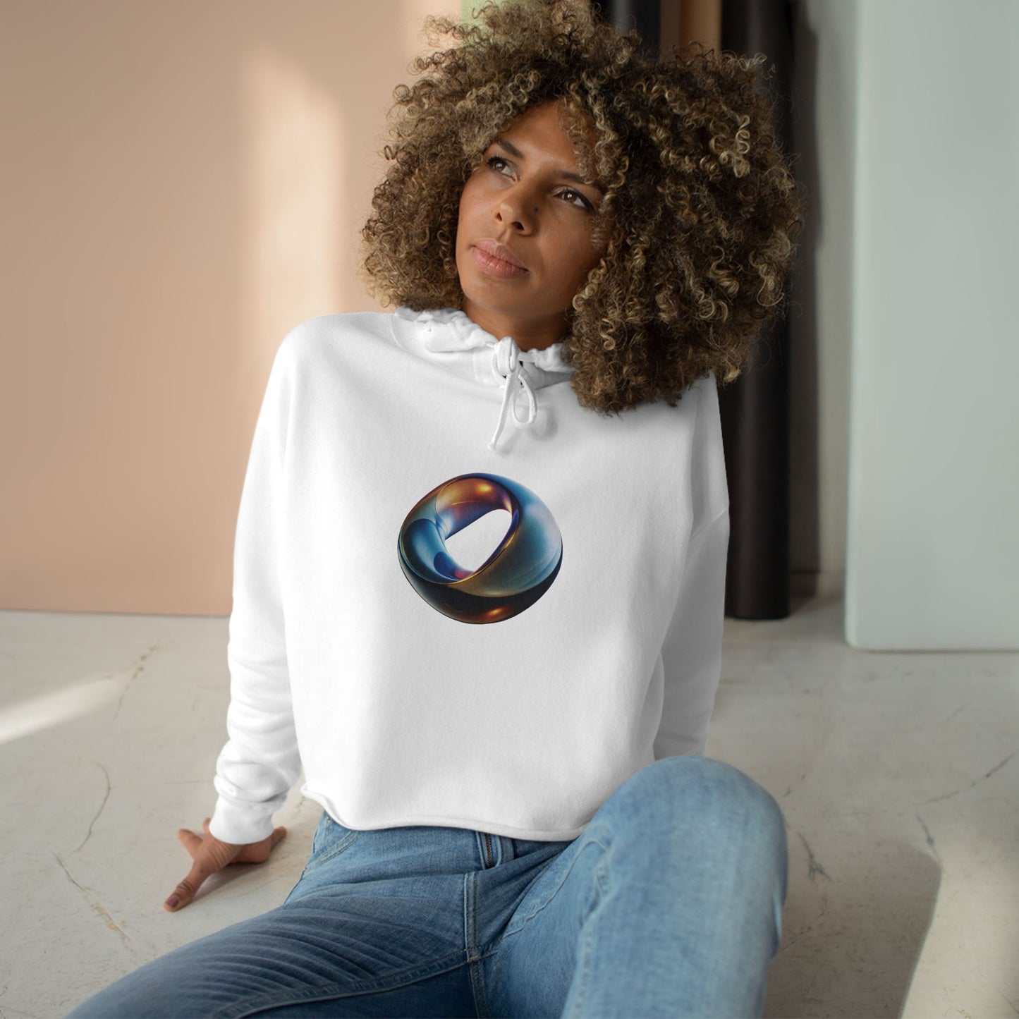 Crop Hoodie "Futuristic Ring" Art Graphic Becheretty - Stylish Women's Hoodie, Trendy Fashion Sweater, Unique Gift for Her
