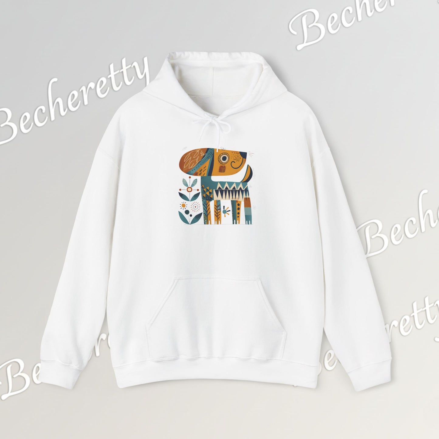 Minimalist Art Hoodie | The "Abstract Puppy" by Becheretty - A unique, stylized dog motif inspired by folk art and modern