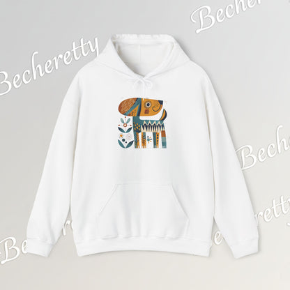 Minimalist Art Hoodie | The "Abstract Puppy" by Becheretty - A unique, stylized dog motif inspired by folk art and modern