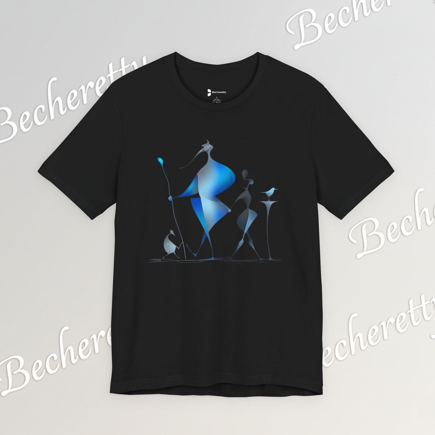 "Abstract Blue Aviary" Modern Art Graphic T-Shirt Becheretty - Unique Nature Lover Tee, Soft Cotton Fashion Top