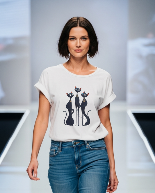 Woman wearing a white t-shirt with 3 black cats graphics on a runway.