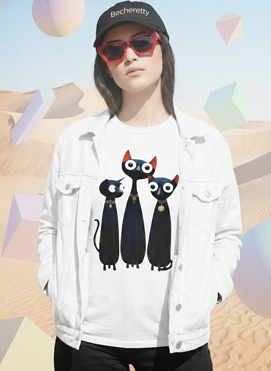 Woman wearing a white jacket with cats design on her t-shirt and 'Becheretty' cap on abstract background