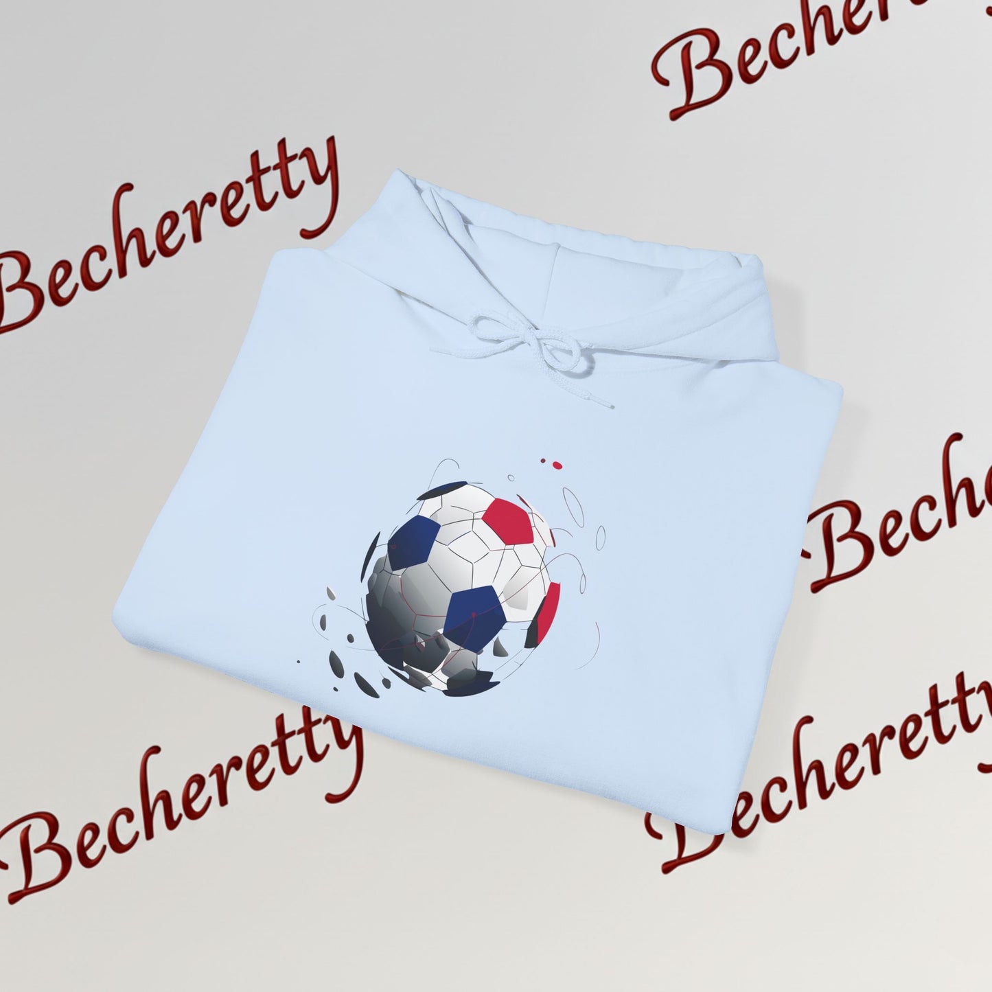 Artistic Soccer Ball Hoodie — Red, White & Blue Flying Soccer Graphic Art Becheretty - Ideal for Soccer Lovers