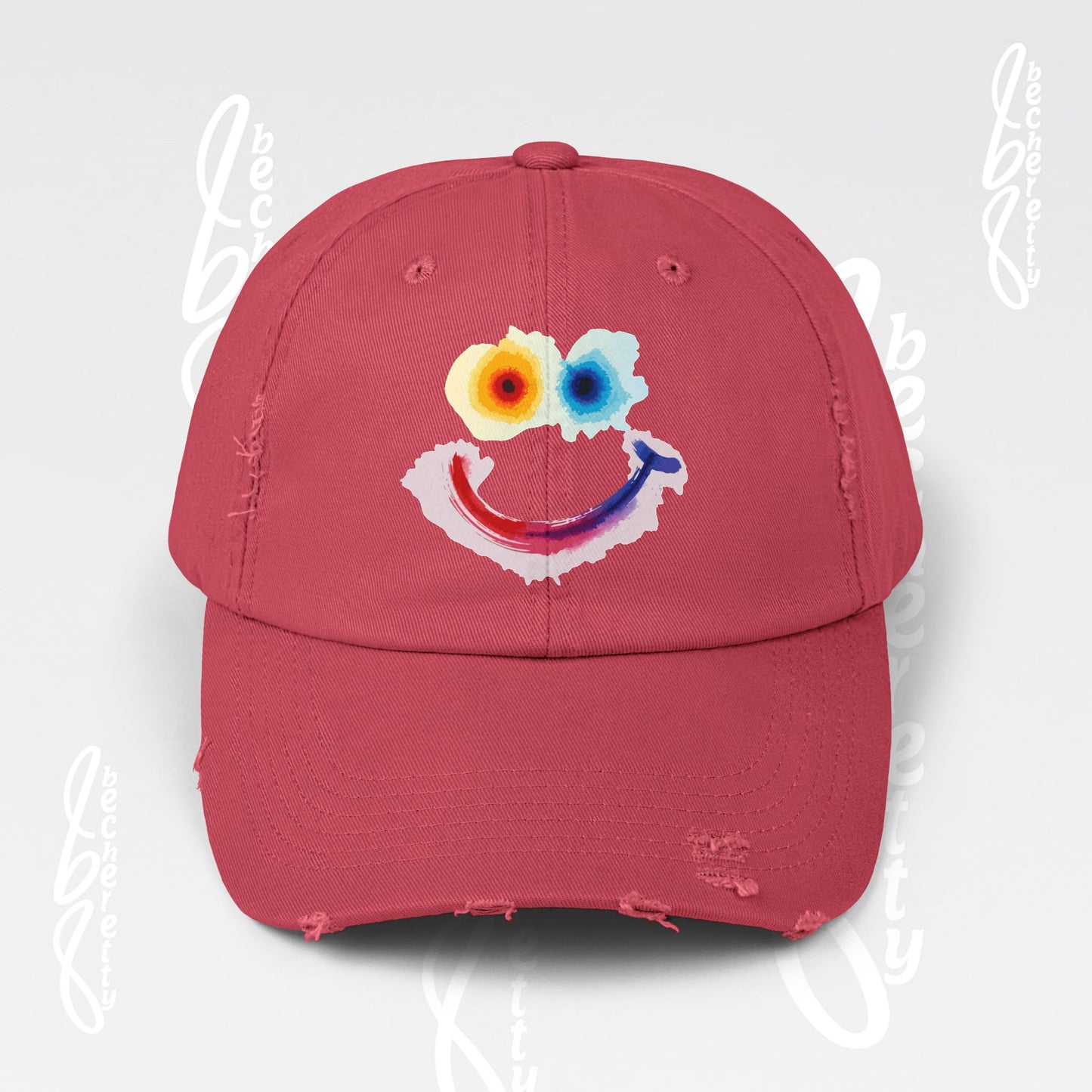 Smiley Watercolor Distressed Cap — Colorful Smile Face Dad Hat - Graphic Minimalist Becheretty