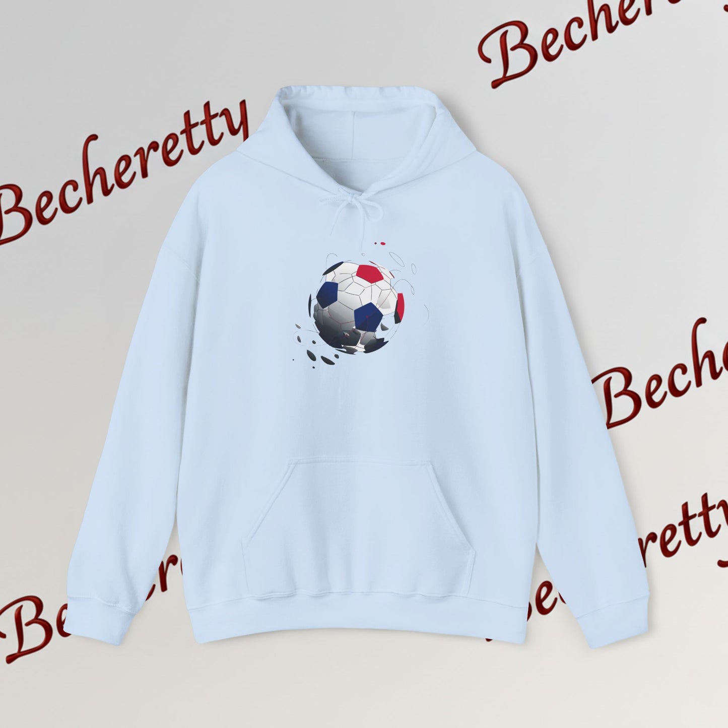 Artistic Soccer Ball Hoodie — Red, White & Blue Flying Soccer Graphic Art Becheretty - Ideal for Soccer Lovers