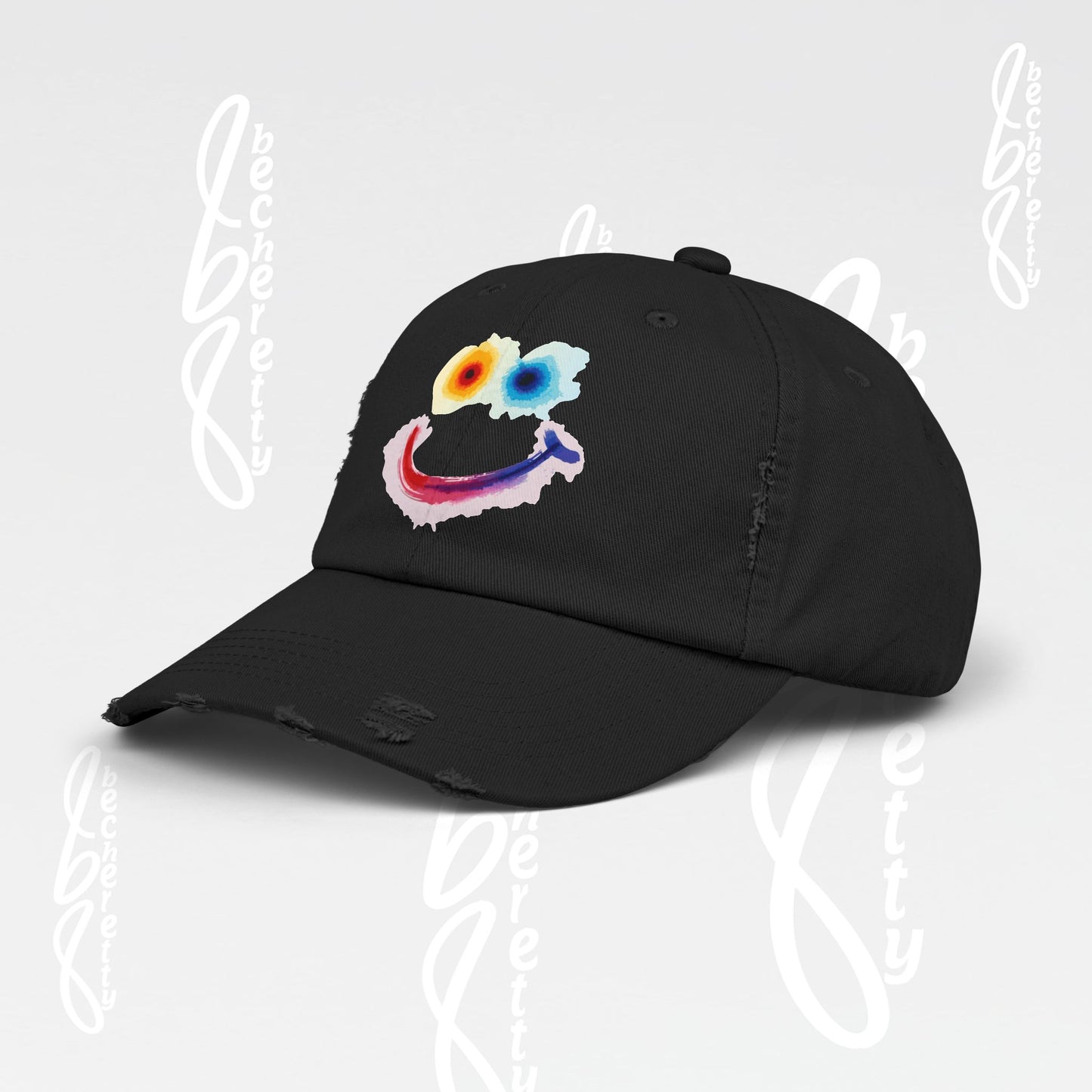 Smiley Watercolor Distressed Cap — Colorful Smile Face Dad Hat - Graphic Minimalist Becheretty