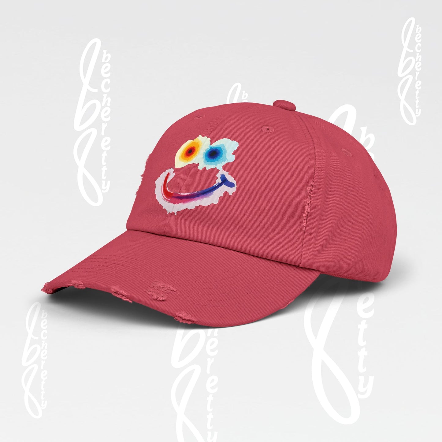 Smiley Watercolor Distressed Cap — Colorful Smile Face Dad Hat - Graphic Minimalist Becheretty