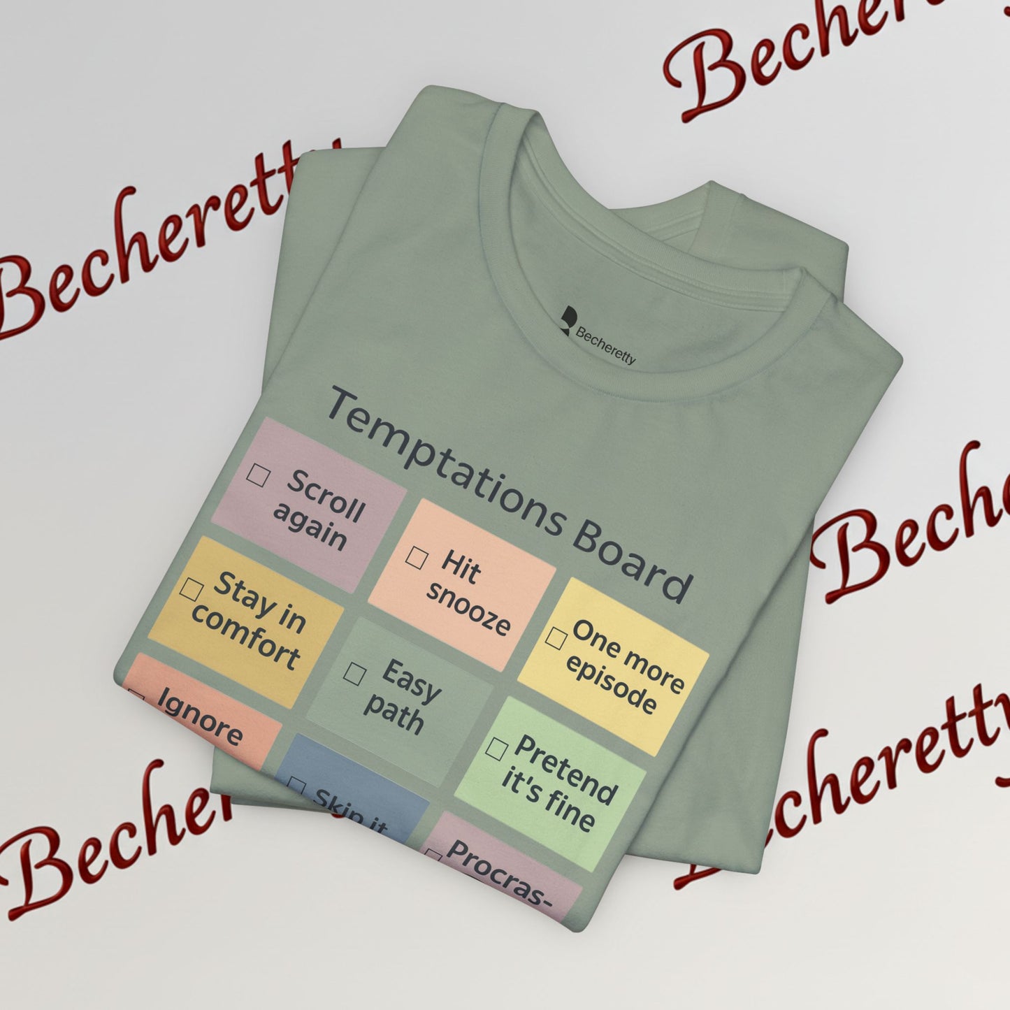 Graphic Tee "Temptations Board" Funny Graphic Becheretty. Wear it to spark conversations at casual meetups.