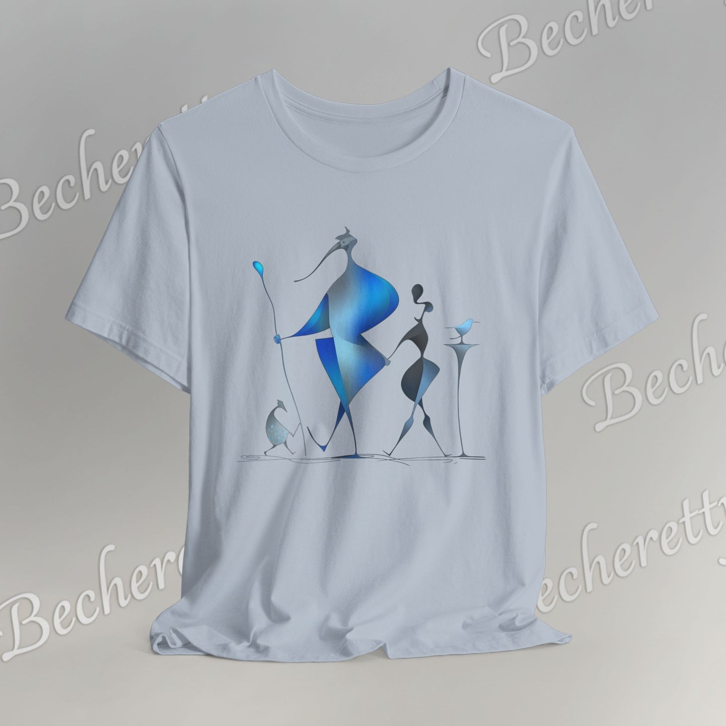 "Abstract Blue Aviary" Modern Art Graphic T-Shirt Becheretty - Unique Nature Lover Tee, Soft Cotton Fashion Top