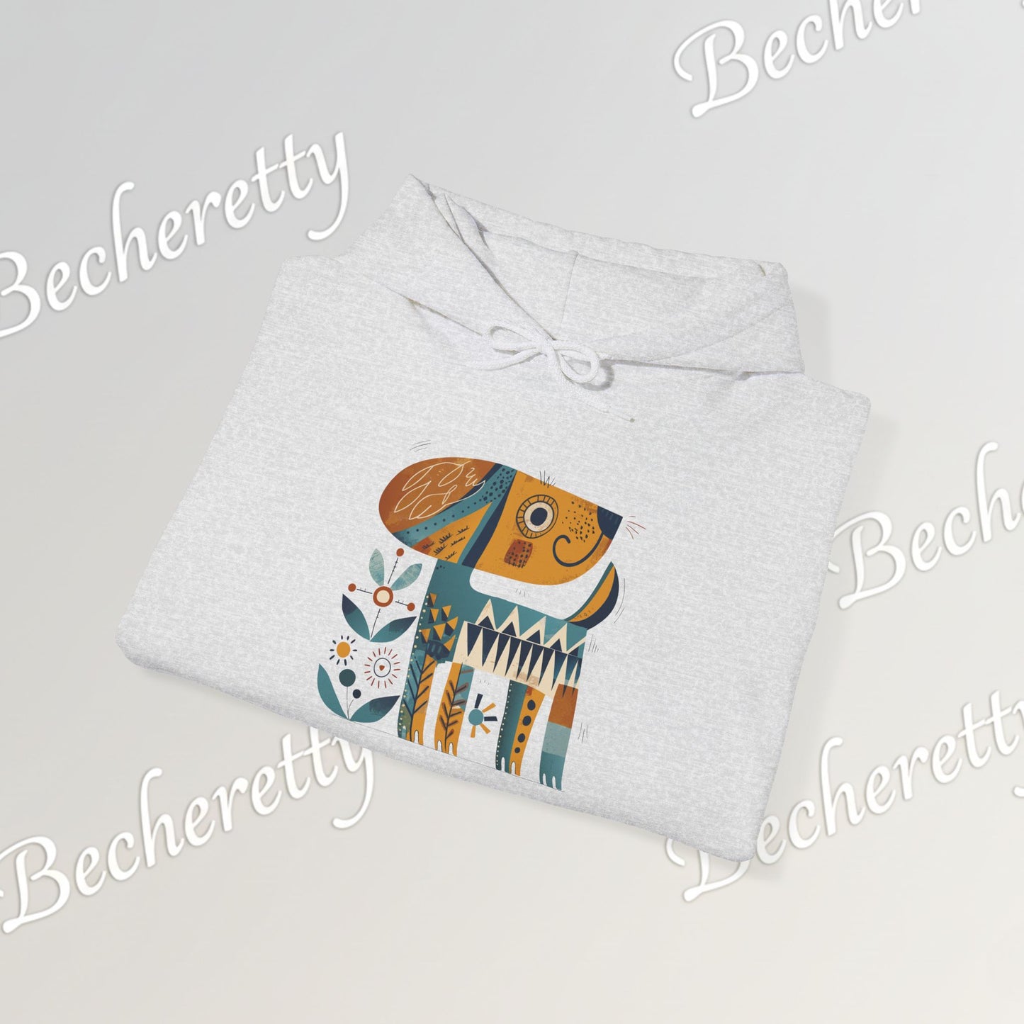 Minimalist Art Hoodie | The "Abstract Puppy" by Becheretty - A unique, stylized dog motif inspired by folk art and modern