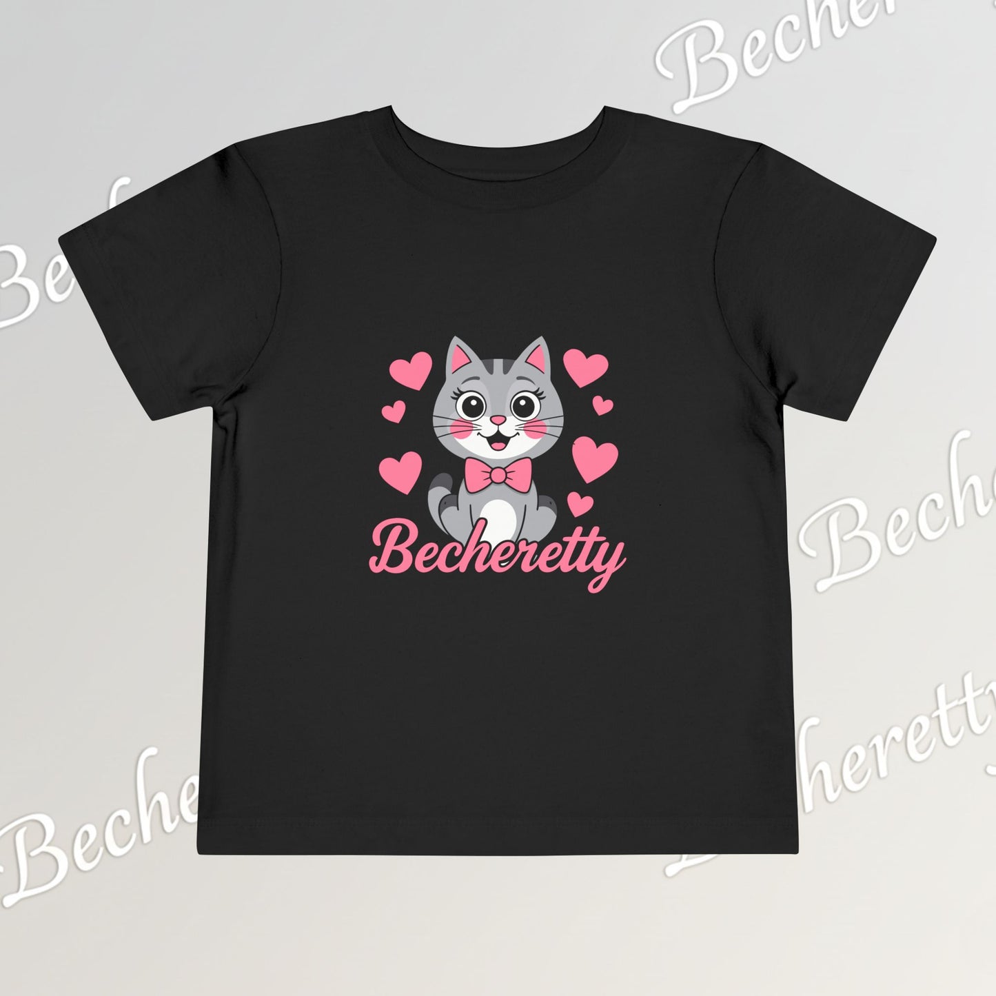 Adorable "Becheretty" Pink Bow Kitten Toddler Tee – Cute Gray Cat & Hearts Graphic T-Shirt for Girls