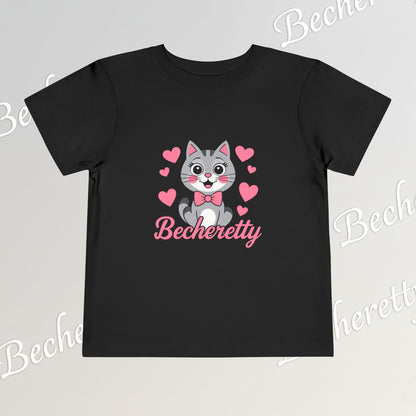 Adorable "Becheretty" Pink Bow Kitten Toddler Tee – Cute Gray Cat & Hearts Graphic T-Shirt for Girls
