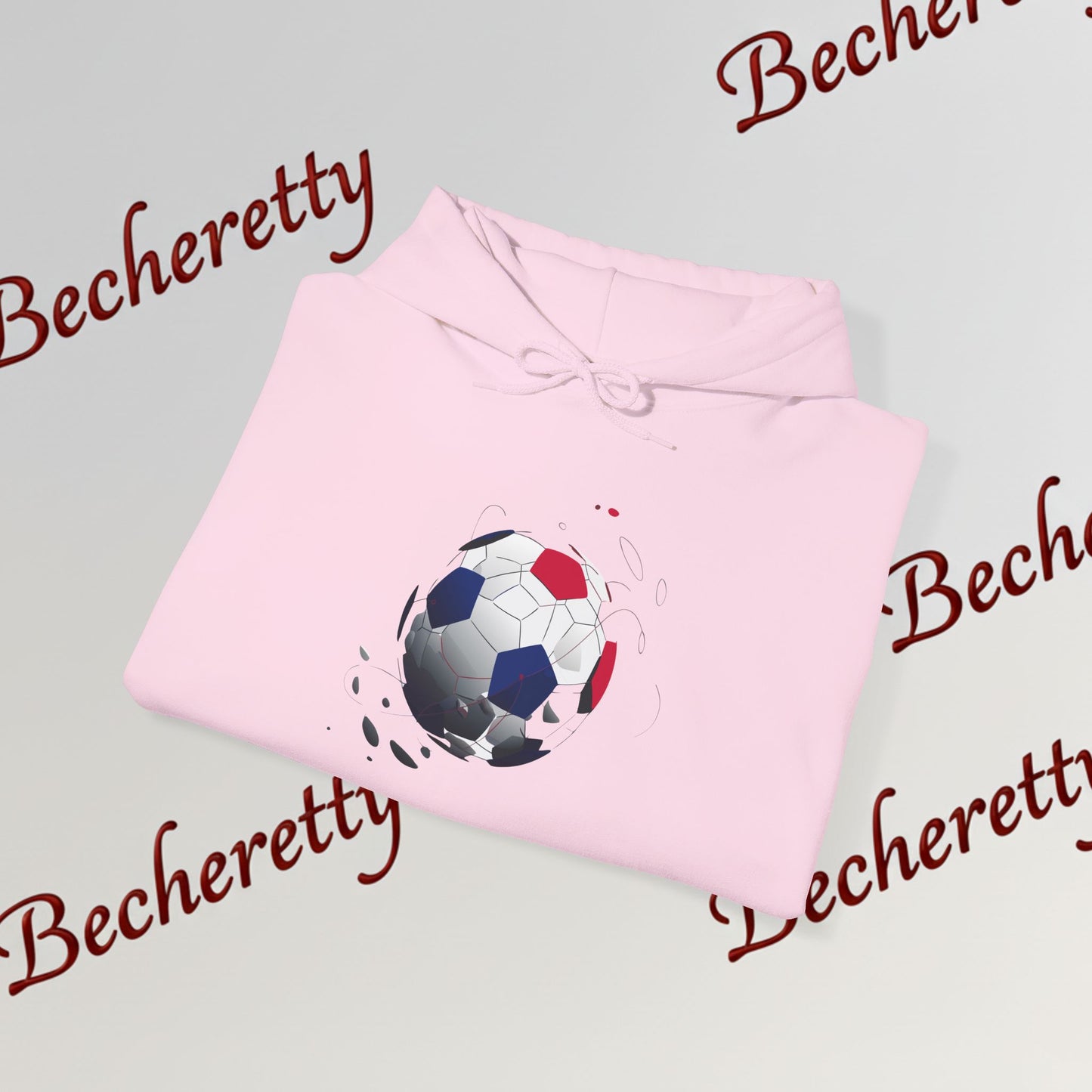 Artistic Soccer Ball Hoodie — Red, White & Blue Flying Soccer Graphic Art Becheretty - Ideal for Soccer Lovers