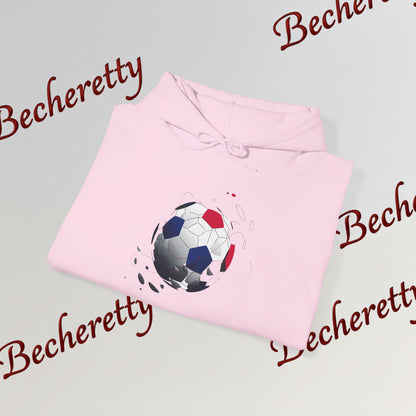 Artistic Soccer Ball Hoodie — Red, White & Blue Flying Soccer Graphic Art Becheretty - Ideal for Soccer Lovers