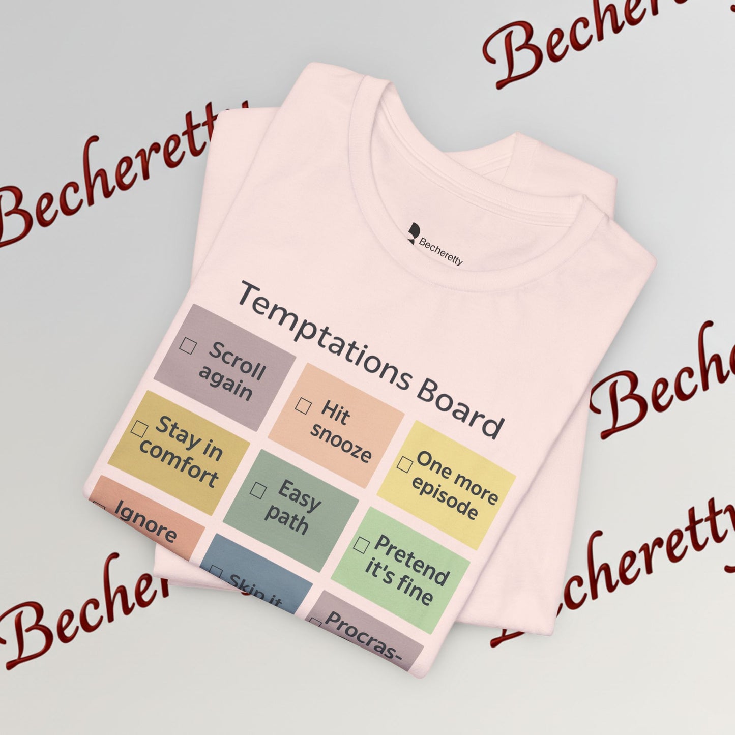 Graphic Tee "Temptations Board" Funny Graphic Becheretty. Wear it to spark conversations at casual meetups.