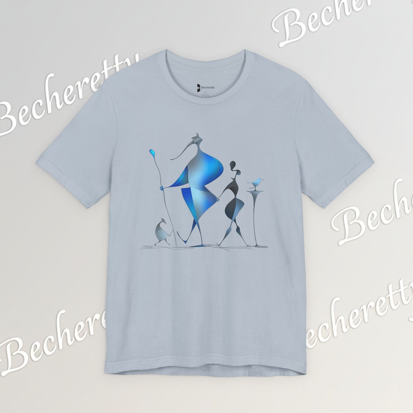 "Abstract Blue Aviary" Modern Art Graphic T-Shirt Becheretty - Unique Nature Lover Tee, Soft Cotton Fashion Top