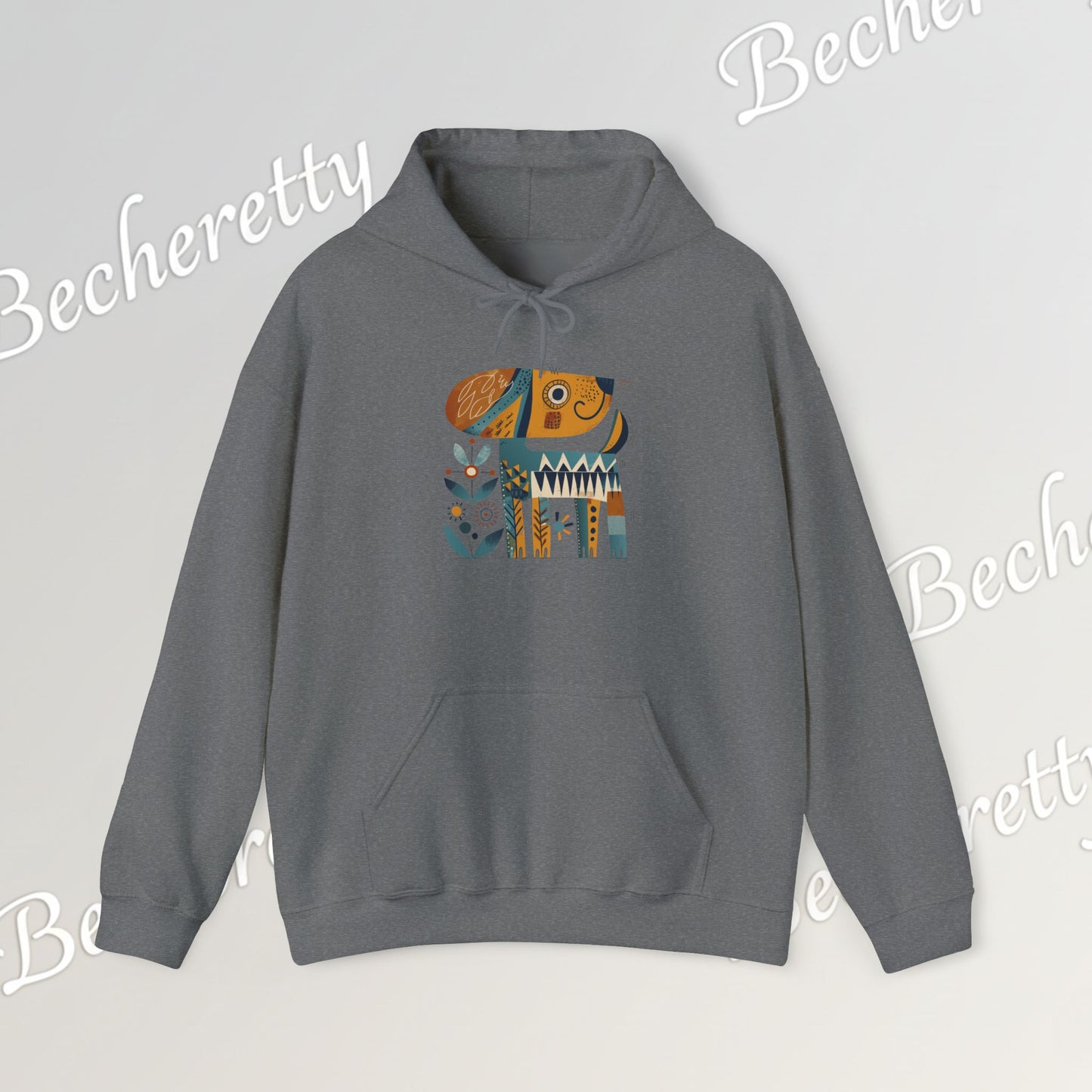 Minimalist Art Hoodie | The "Abstract Puppy" by Becheretty - A unique, stylized dog motif inspired by folk art and modern