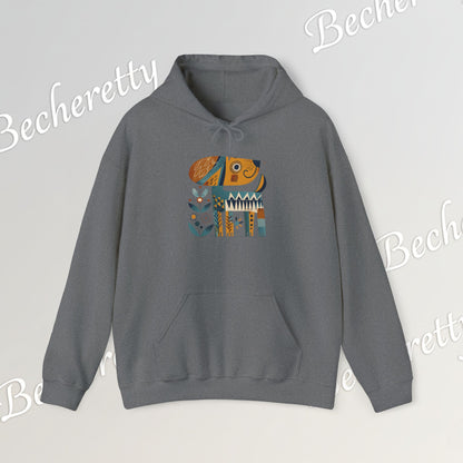 Minimalist Art Hoodie | The "Abstract Puppy" by Becheretty - A unique, stylized dog motif inspired by folk art and modern