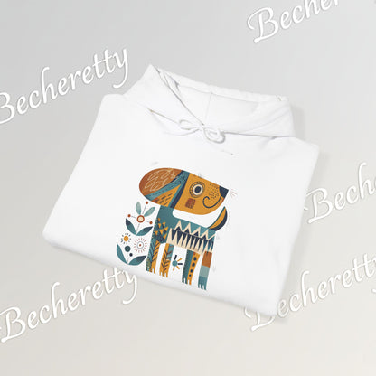 Minimalist Art Hoodie | The "Abstract Puppy" by Becheretty - A unique, stylized dog motif inspired by folk art and modern