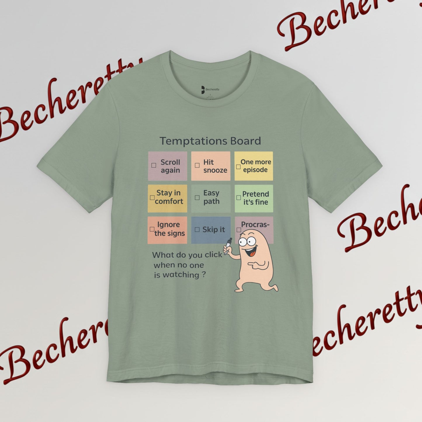 Graphic Tee "Temptations Board" Funny Graphic Becheretty. Wear it to spark conversations at casual meetups.