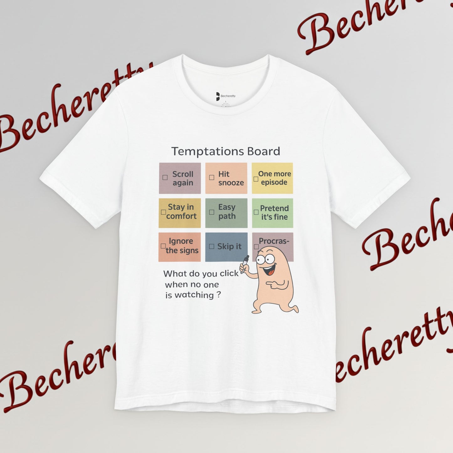Graphic Tee "Temptations Board" Funny Graphic Becheretty. Wear it to spark conversations at casual meetups.