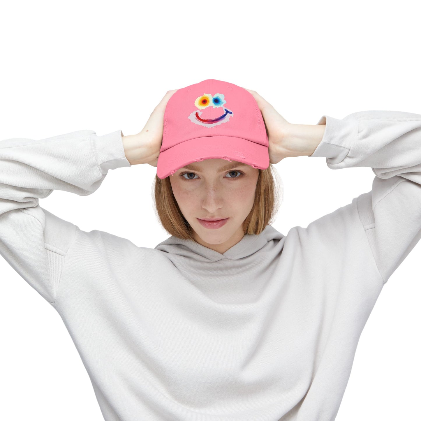 Smiley Watercolor Distressed Cap — Colorful Smile Face Dad Hat - Graphic Minimalist Becheretty
