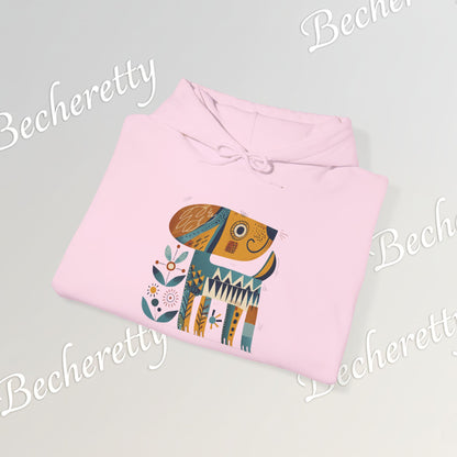 Minimalist Art Hoodie | The "Abstract Puppy" by Becheretty - A unique, stylized dog motif inspired by folk art and modern