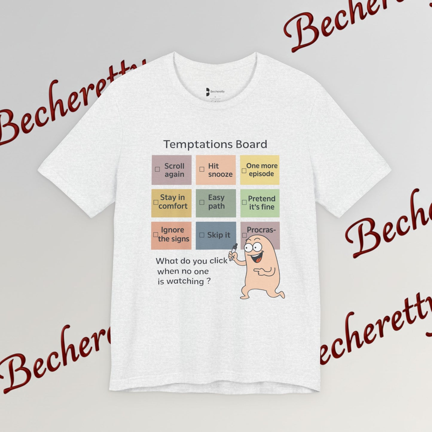 Graphic Tee "Temptations Board" Funny Graphic Becheretty. Wear it to spark conversations at casual meetups.