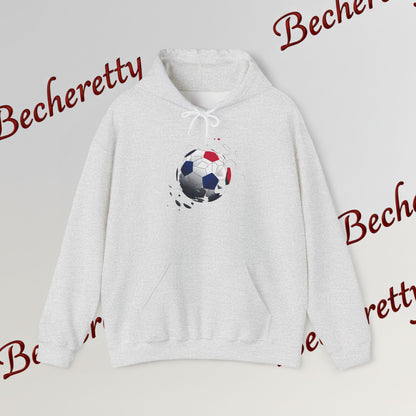 Artistic Soccer Ball Hoodie — Red, White & Blue Flying Soccer Graphic Art Becheretty - Ideal for Soccer Lovers
