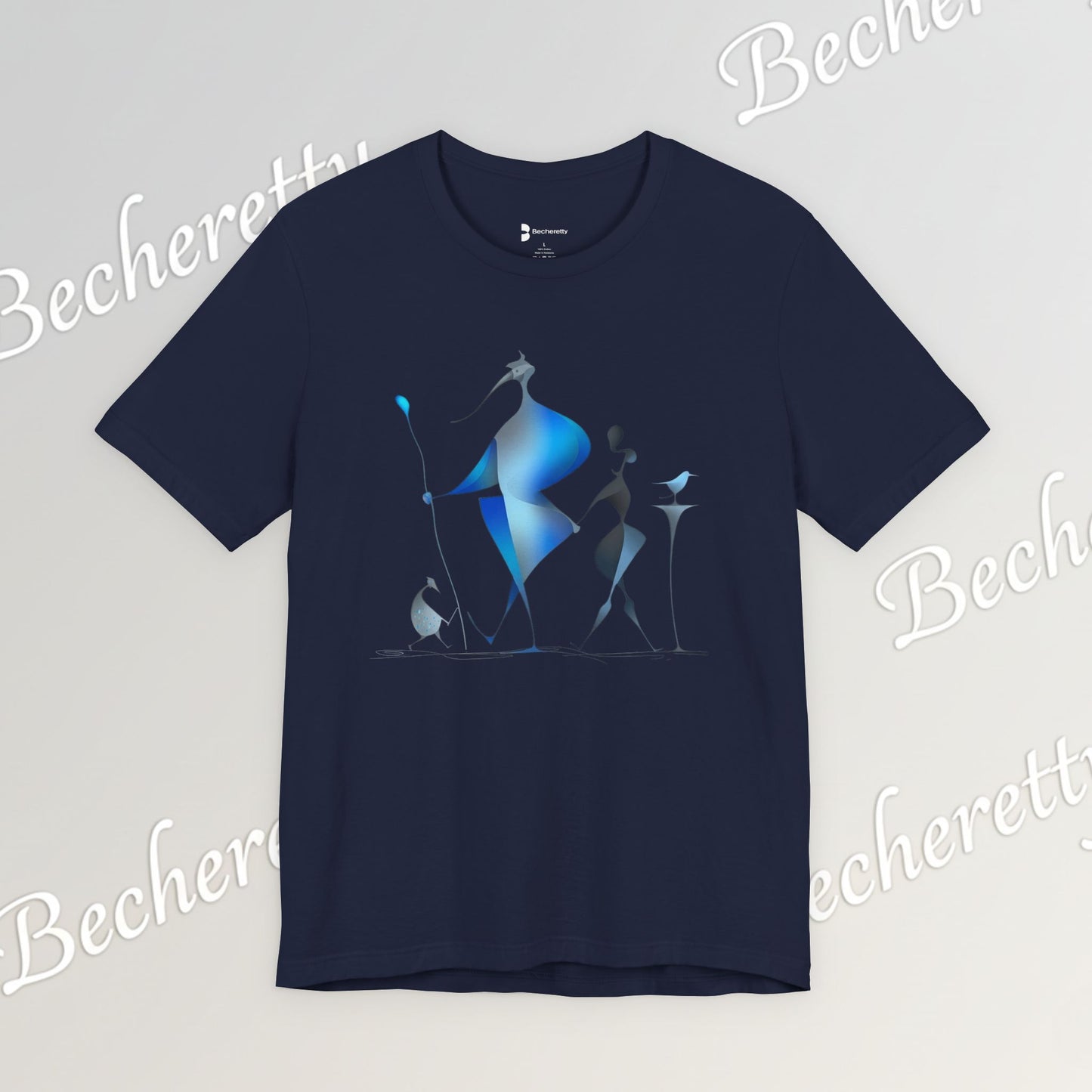"Abstract Blue Aviary" Modern Art Graphic T-Shirt Becheretty - Unique Nature Lover Tee, Soft Cotton Fashion Top