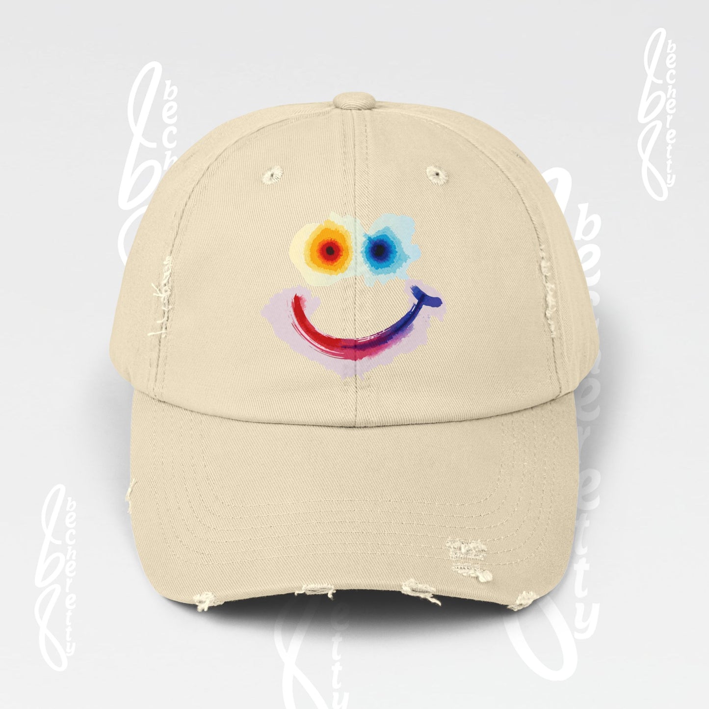 Smiley Watercolor Distressed Cap — Colorful Smile Face Dad Hat - Graphic Minimalist Becheretty