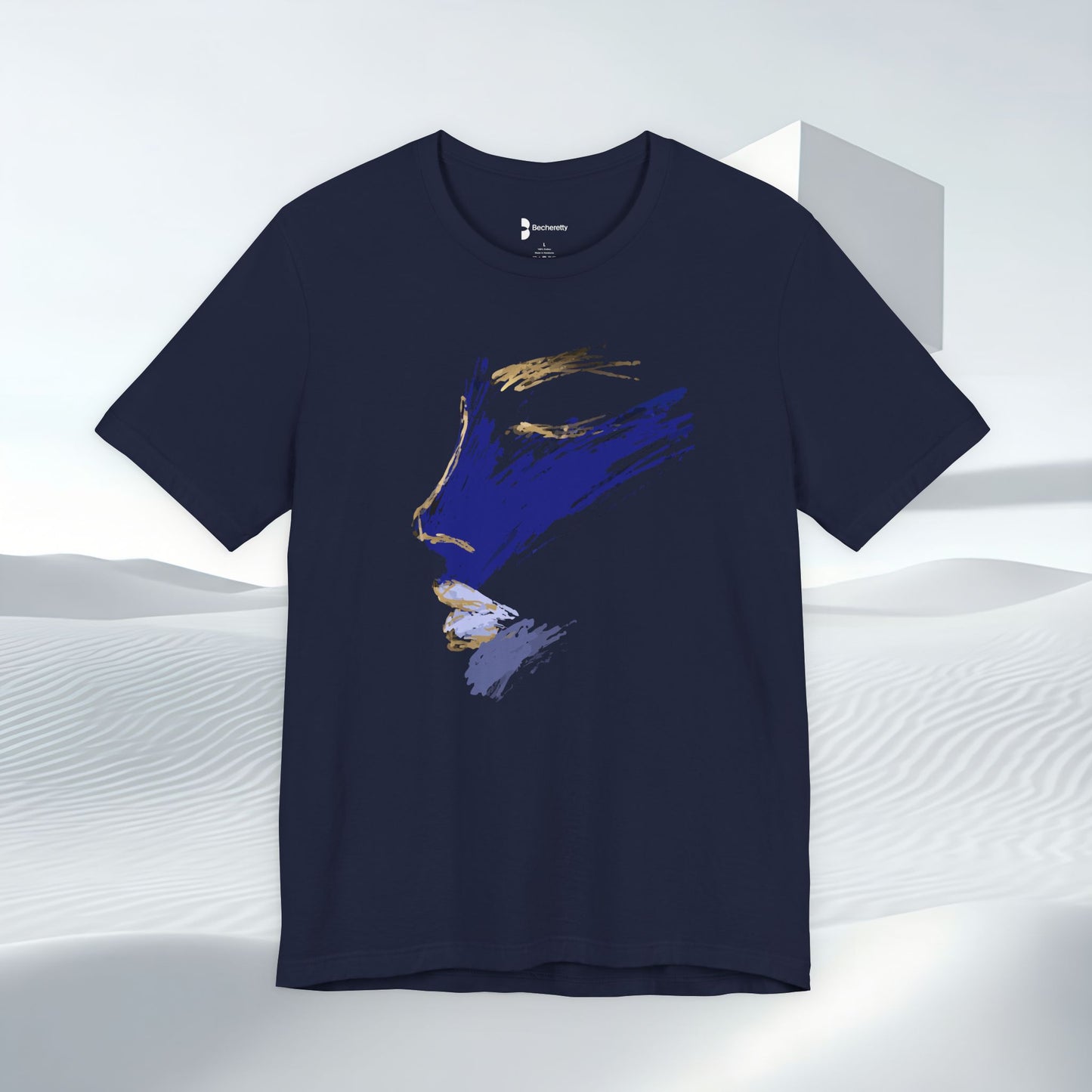 Navy blue t-shirt with abstract face design on a white background