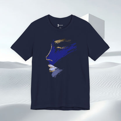 Navy blue t-shirt with abstract face design on a white background