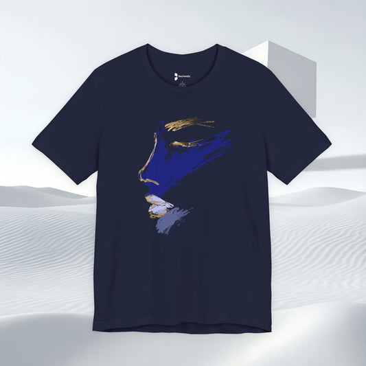 Navy blue t-shirt with abstract face design on a white background