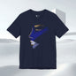 Navy blue t-shirt with abstract face design on a white background