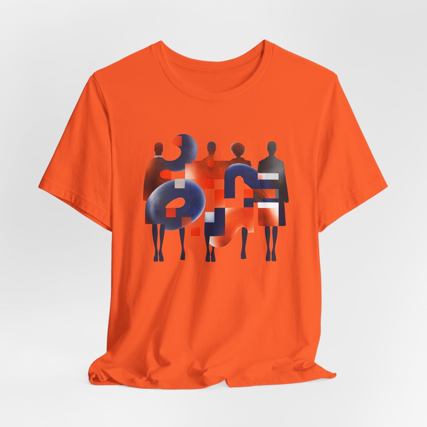 Orange t-shirt with abstract design on a light gray background