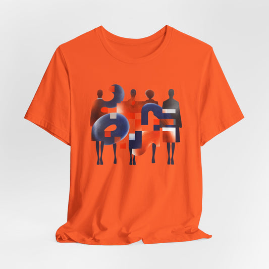 Orange t-shirt with abstract design on a light gray background
