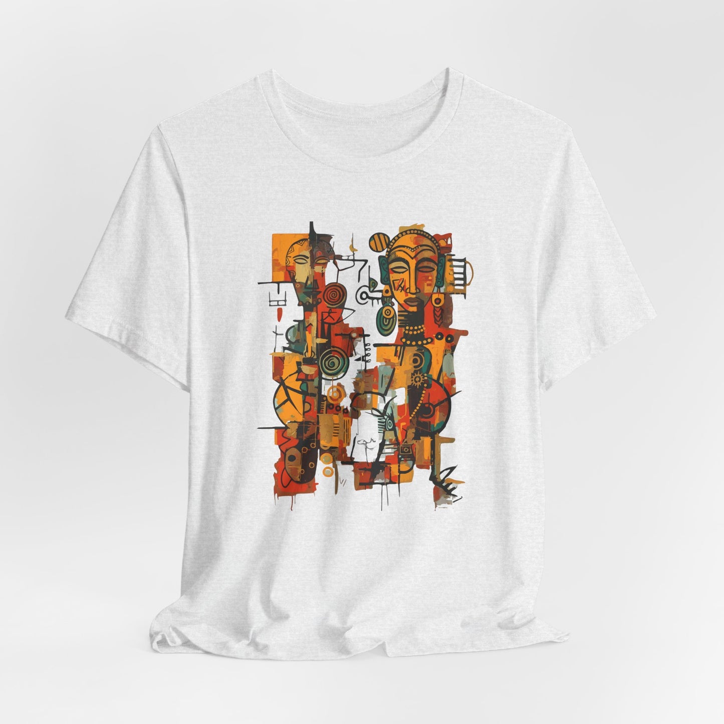 White t-shirt with a colorful abstract African design on a white background