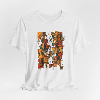 White t-shirt with a colorful abstract African design on a white background