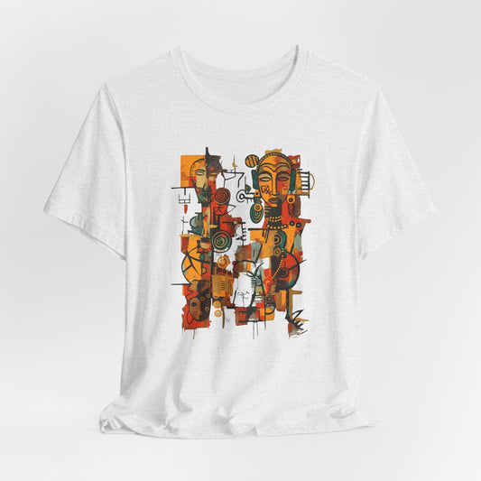 White t-shirt with a colorful abstract African design on a white background