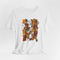 White t-shirt with a colorful abstract African design on a white background